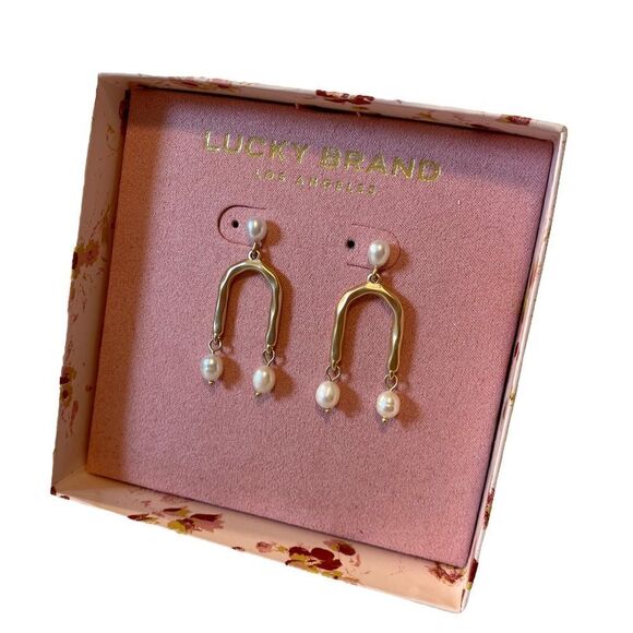 Lucky Brand Hammered Gold Toned & Faux Pearl Drop Earrings. - Picture 4 of 7